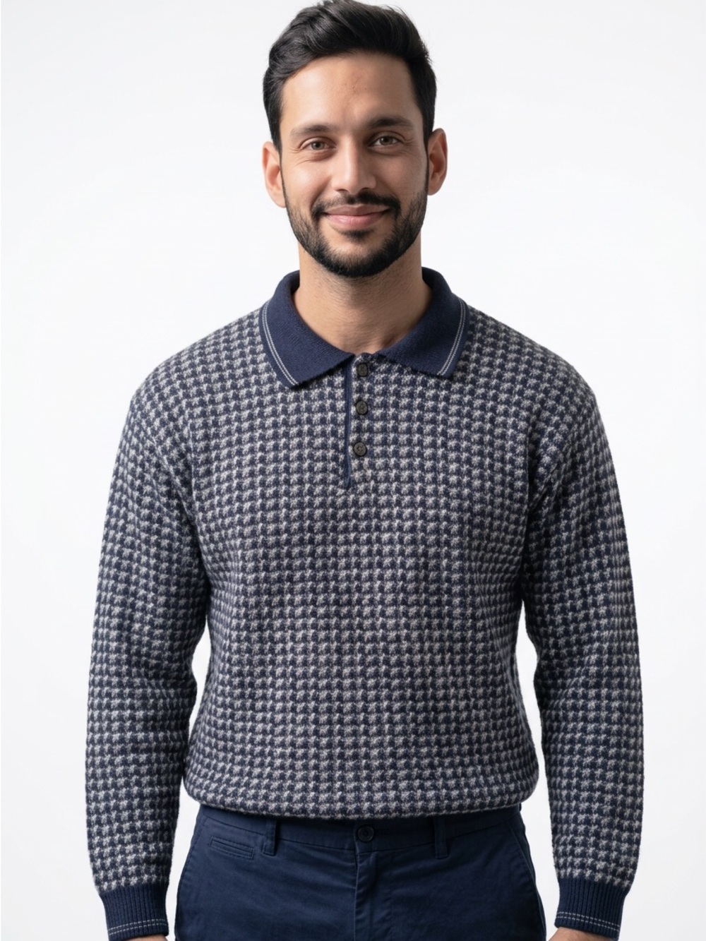 Cortina Italia Vintage Knit Polo Sweater Mens Large Navy White Made in Italy